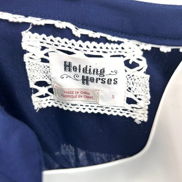 ANTHROPOLOGIE HOLDING HORSES NAVY BLUE & BEIGE CHEVRON PRINT DRESS - S - Picture 4 of 5